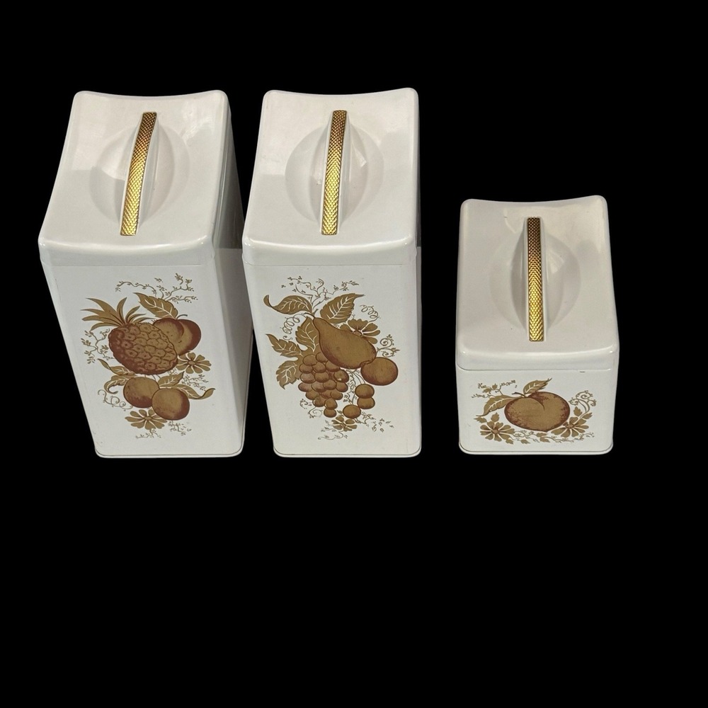 Vintage Ransburg 1950s Canister See Of 3 White Good Metal Mid Century 2 Lg 2 Sm